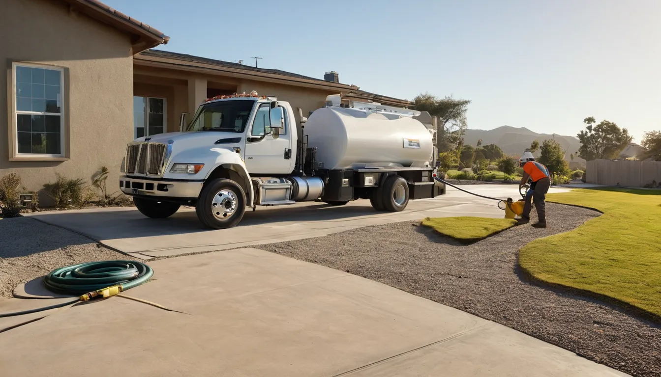Independent provider pumping a septic tank at a stucco ranch home in the Los Angeles area